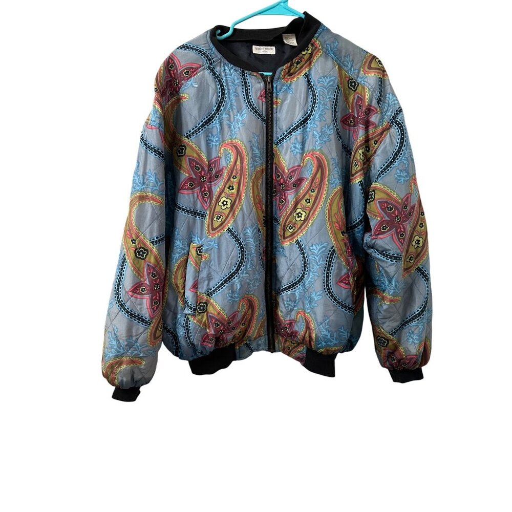 VTG Robert Stock Ltd Quilted Silk Bomber Jacket Retro Paisley Blue Multi-Color L